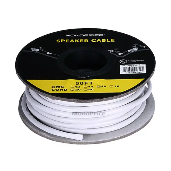 Monoprice Speaker Wire / Cable - 50 Feet - 16AWG 2 Conductor Fire Safety In Wall Rated, Jacketed In White PVC Material 99.9 Percent Oxygen-Free Pure