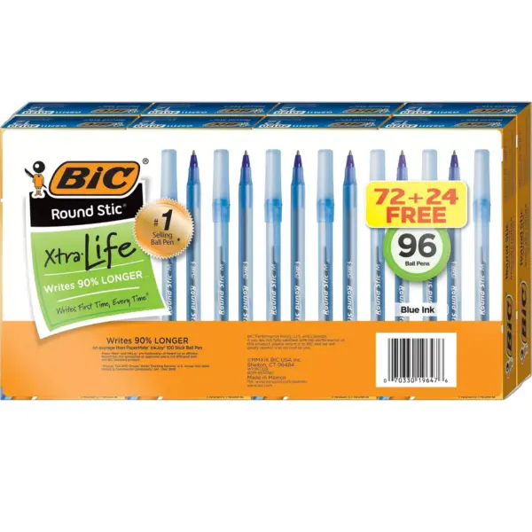 BIC Round Stic Xtra Life Ballpoint Pen Medium Point Blue Ink WX9ST228-BLU