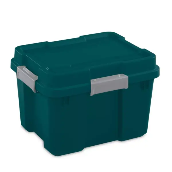 Sterilite 20 Gallon Heavy Duty Plastic Gasket Tote Stackable Storage Container Box with Lid & Latches for Home Organization, Teal Rain/Gray (4 Pack)