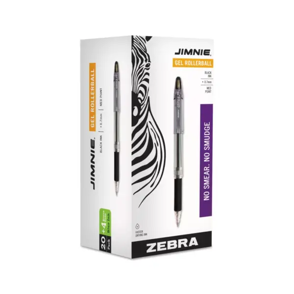 Zebra Jimnie Roller Ball Stick Gel Pen, Black Ink, Medium, 24 per Box