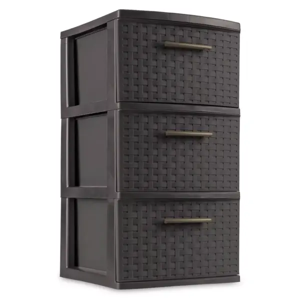 Sterilite 3 Drawer Wicker Weave Decorative Storage Tower, Espresso (2 Pack)