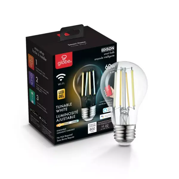 Smart 60W Equivalent Vintage Filament Tunable White LED Wi-Fi Enabled Voice Activated A19 E26 Light Bulb