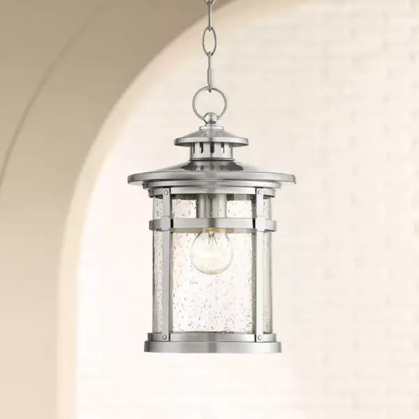 Franklin Iron Works Industrial Outdoor Lighting Hanging Lantern Chrome 13 1/2" Clear Seedy Glass for Exterior House Porch Patio