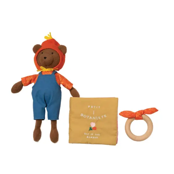 Manhattan Toy Petit Botaniste Bear Doll, Soft Book, and Wooden Teether Baby Soothing Gift Set