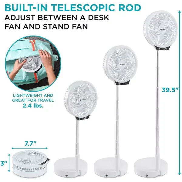 Ivation Rechargeable Personal Fan with LED Light | Compact Convertible Desk, Table & Pedestal Floor Fan with 39.5” Adjustable Height, LED Lamp, 3-Speed Touch Control & USB Phone Charging Port | White