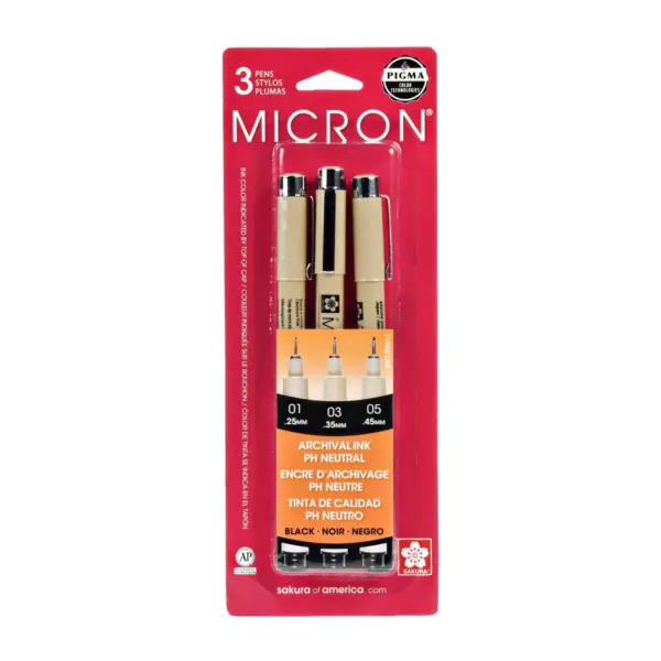 3pk Micron Archival Ink Multi-Size Tip Pen Set - Black