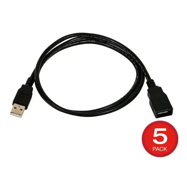 Monoprice USB Type-A to USB Type-A Female 2.0 Extension Cable - 3 Feet - Black (5 Pack) 28/24AWG, Gold Plated Connectors