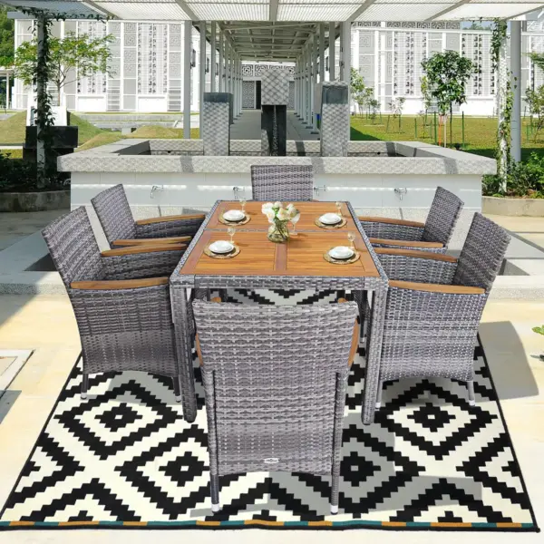 Costway 7PCS Patio Rattan Dining Set Acacia Wood Table Cushioned Chair Mix Gray