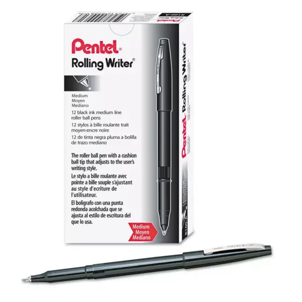 Pentel Rolling Writer Roller Ball Capped Pen, Black Ink, Medium, Dozen