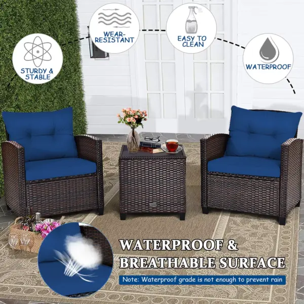 3PCS Patio Rattan Furniture Set Cushioned Conversation Set Coffee Table Navy