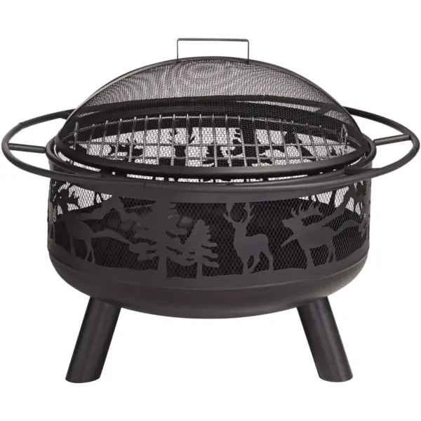 John Timberland Rustic Black Fire Pit Round 30" Animal Cut Steel Wood Burning with Spark Screen and Fire Poker for Outside Backyard Patio Camping