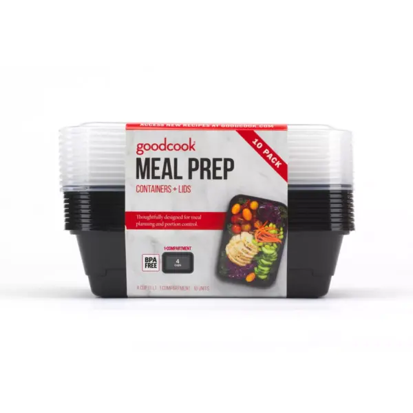 GoodCook Meal Prep 1 Compartment Rectangle Black Containers + Lids - 10ct