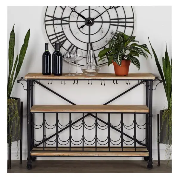 Metal and Wood Pine Shelves Wine Roll Table Black - Olivia & May