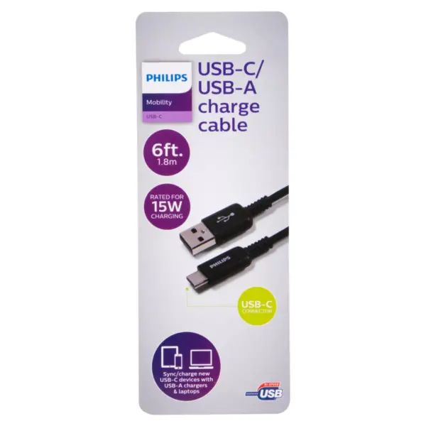 Philips 6' Cable, USB-A to USB-C 15W Charge - Black