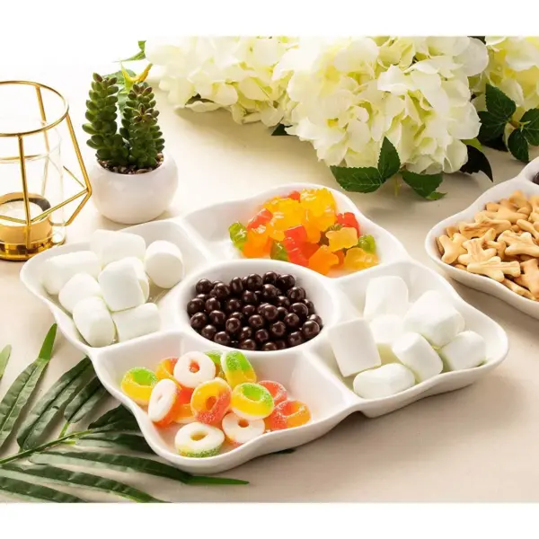 Juvale 2 Pack Porcelain Appetizer Serving Tray, 5-Compartment Platter, White (9.5 x 9.5 x 1 In)