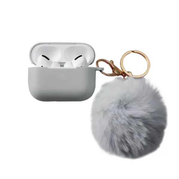 Insten Fluffy Pom Pom Case For Airpods Pro, Silicone Carry Case with Keychain & Anti-Lost Strap, Soft Touch Protective Skin Cover, Gray