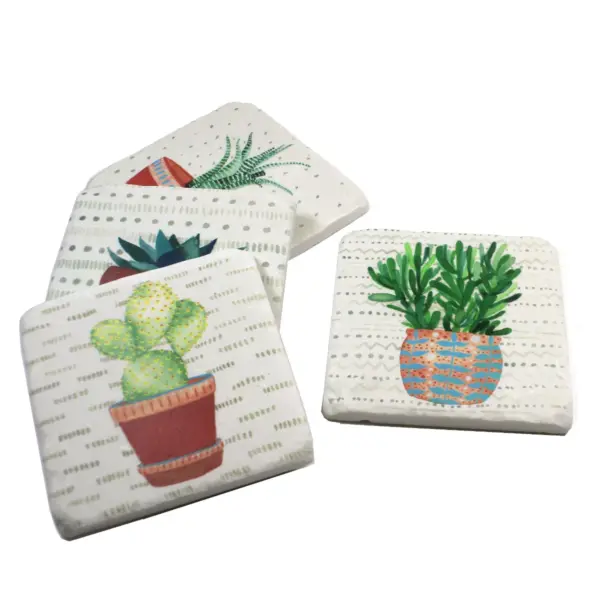 Tabletop 3.75" Cactus Coaster 4 Pc Set Plants Square Cork Back Neutral Ganz  -  Coasters