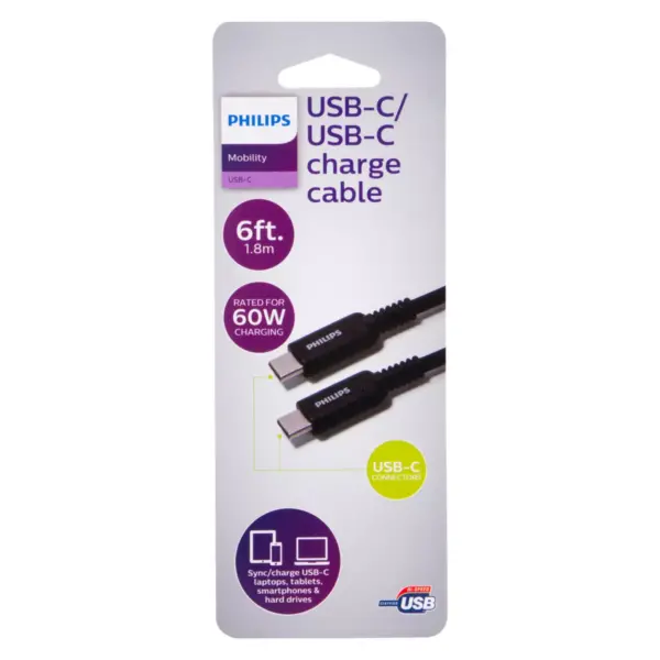 Philips 6' Cable, USB-C to USB-C 60W Charge - Black