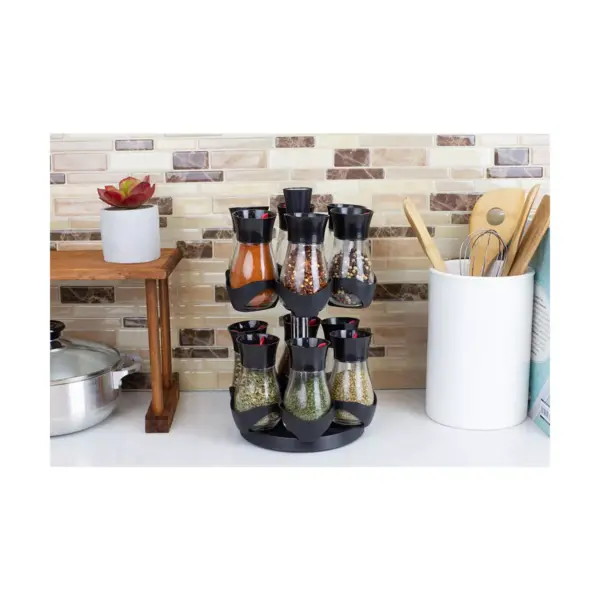 Home Basics Contemporary Gourmet Revolving 12-Jar Two Tier Spice Rack, Black