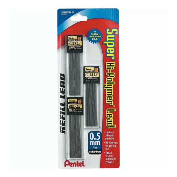 Pentel Super Hi-Polymer Lead Refills 0.5mm HB Black 30/Tube 3 Tubes/Pack C25BPHB3K6