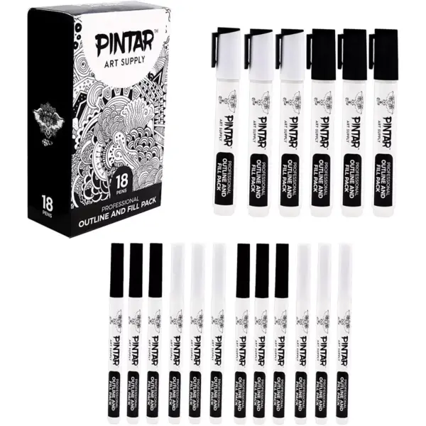 Pintar Art Supply Professional Outline & Fill Pack - Set of 18 Black/White Paint Markers