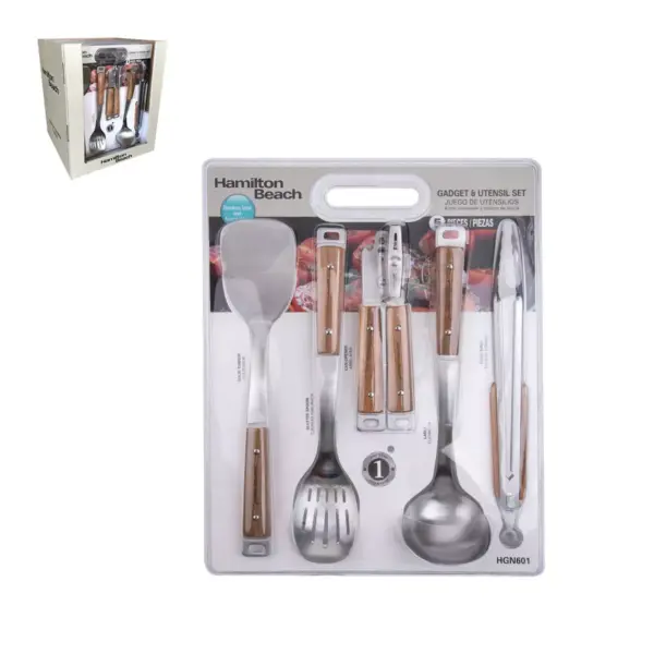 Hamilton Beach 5pc Utensil Set with Acacia Wood Handles - Silver