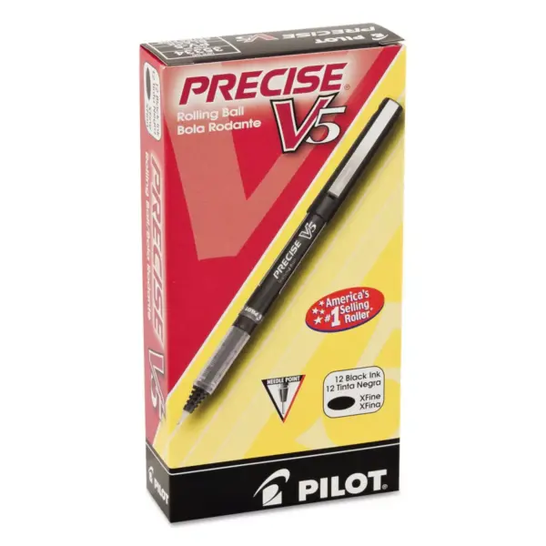 Pilot Precise V5 Roller Ball Stick Pen, Needle Point, 0.5mm Extra Fine - Black Ink (12 Per Pack)