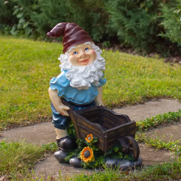 Northlight 20" Blue and Brown Wheelbarrow Gnome Outdoor Garden Statue