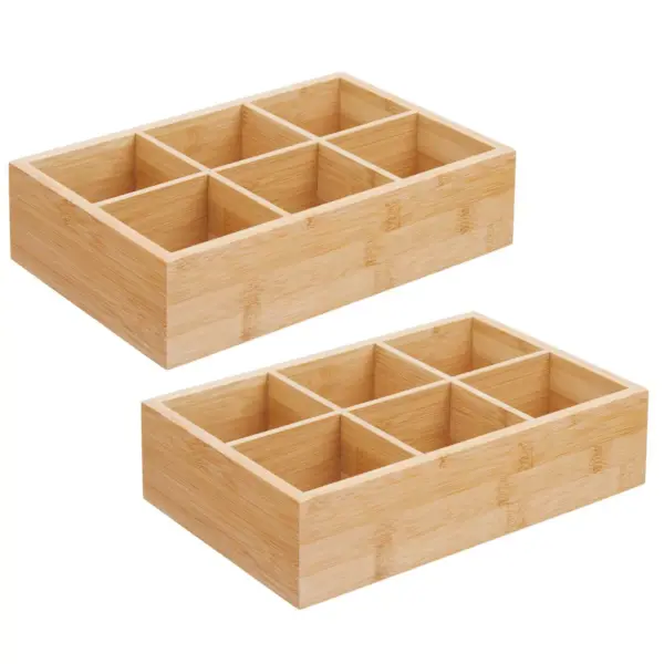 mDesign Bamboo Wood Tea & Food Organizer Bin - 6 Sections, 2 Pack - Natural