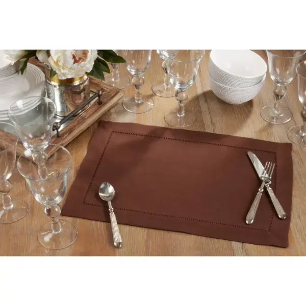 12pk Polyester Hemstitched Border Placemats Brown - Saro Lifestyle