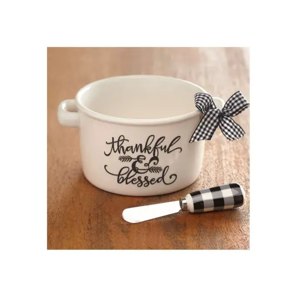 Lakeside Thankful and Blessed Dipping Bowl and Spreader with Embossed Text