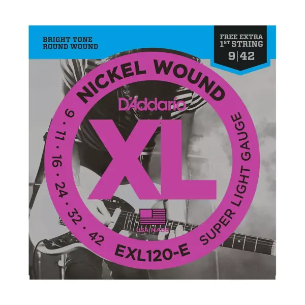 D'Addario EXL120-E Bonus Pack: Super Light Electric Guitar Strings with Bonus High E String (9-42)