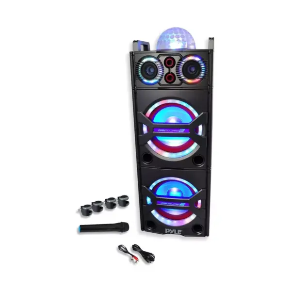 Pyle PSUFM1043BT 200 Watt Portable Outdoor Bluetooth Speaker Karaoke System with Flashing Party Lights and Wireless Microphone Included