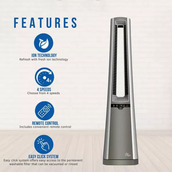 Lasko AC600 4-Speed Bladeless Remote Control Oscillating Indoor Tower Pedestal Standing Floor Fan with 8 Hour Timer and Washable Filter, Silver