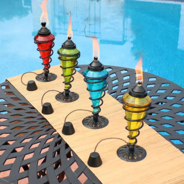 Sunnydaze Outdoor Tabletop Glass and Metal Swirl Patio Table and Lawn Citronella Torch Set - Blue, Red, Green, and Yellow - 4pc