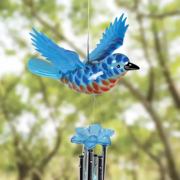 9.25" Metal and Plastic Solar Bird Fluttering Wings Wind Chime Blue - Exhart