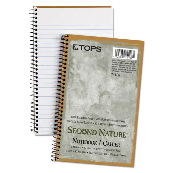 Tops Second Nature Subject Wirebound Notebook Narrow 5 x 8 White 80 Sheets 74108