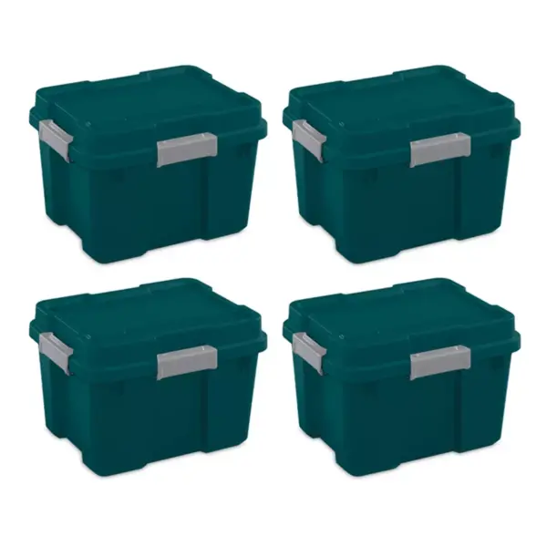 Sterilite 20 Gallon Heavy Duty Plastic Gasket Tote Stackable Storage Container Box with Lid & Latches for Home Organization, Teal Rain/Gray (4 Pack)