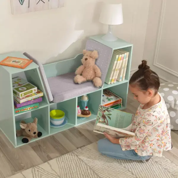 KidKraft Wooden Bookcase Storage Shelving Unit with Comfortable Cushioned Children's Reading Nook and 6 Storage Organizer Cubbies, Mint