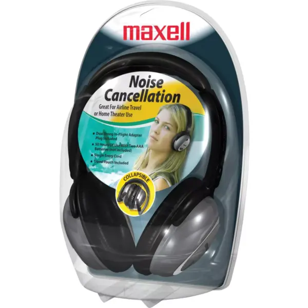 Maxell Noise Cancellation Headphones - Stereo - Black, Gray - Mini-phone - Wired - 60 Ohm - 10 Hz 28 kHz - Nickel Plated Connector - Over-the-head