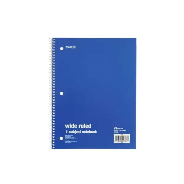 Staples 1 Subject Notebook 8" x 10.5" Wide Ruled 70 Sheets Assorted 6/PK TR11667M