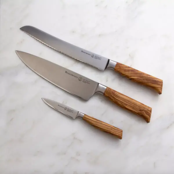 Messermeister Oliva Elite Professional 3 Piece German 8 Inch Chef,  6 Inch Utility, and 3.5 Inch Parer Multi Purpose Kitchen Knife Set