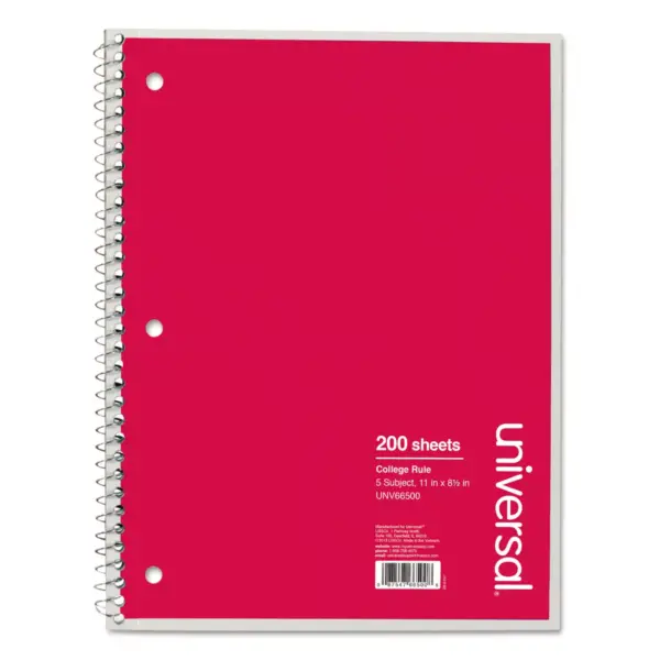 Universal 5 Sub. Wirebound Notebook 11 x 8 1/2 College Rule 200 Sheets Black Cover 66500