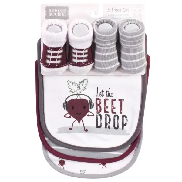 Hudson Baby Infant Boy Cotton Bib and Sock Set 5pk, Drop The Beet, One Size