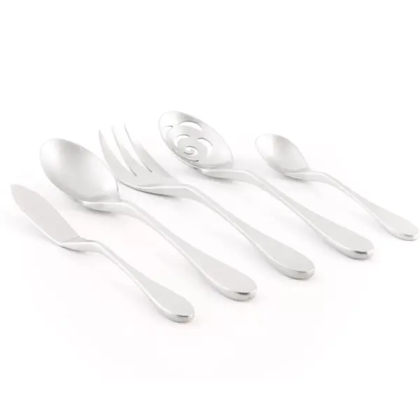 Knork 5 Piece Stainless Steel Dishwasher Safe Flatware Serving Set with Serving Spoon, Slotted Spoon, Sugar Spoon, Butter Knife, & Meat Fork, Silver