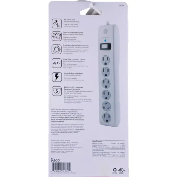 General Electric 6 Outlet Surge  Protector With 8' Extension Cord Twist To Close Safety Covers White