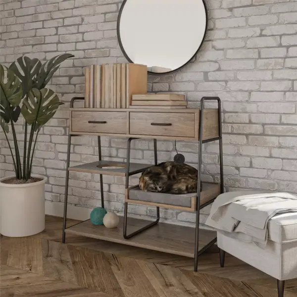 O'Malley Accent Table with Cat Bed, Rustic Oak