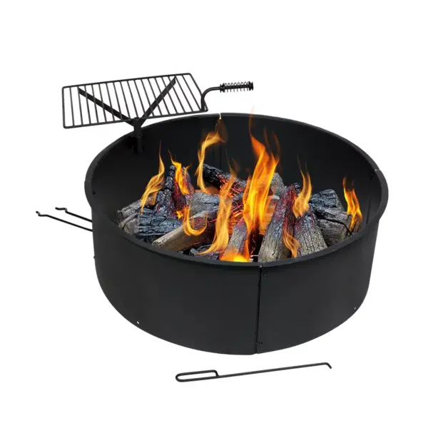 Sunnydaze Outdoor Heavy-Duty Steel Portable Campfire Ring with Cooking Grate and Fire Poker - 36" - Black