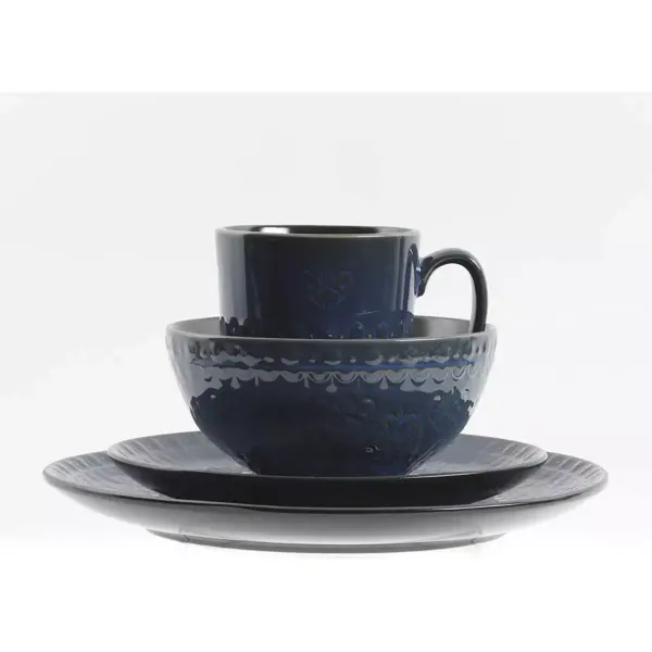 Gibson 124303.16R Elite Milanto Embossed Glazed Durable 16 Piece Dinnerware Set, Microwave and Dishwasher Safe, Blue