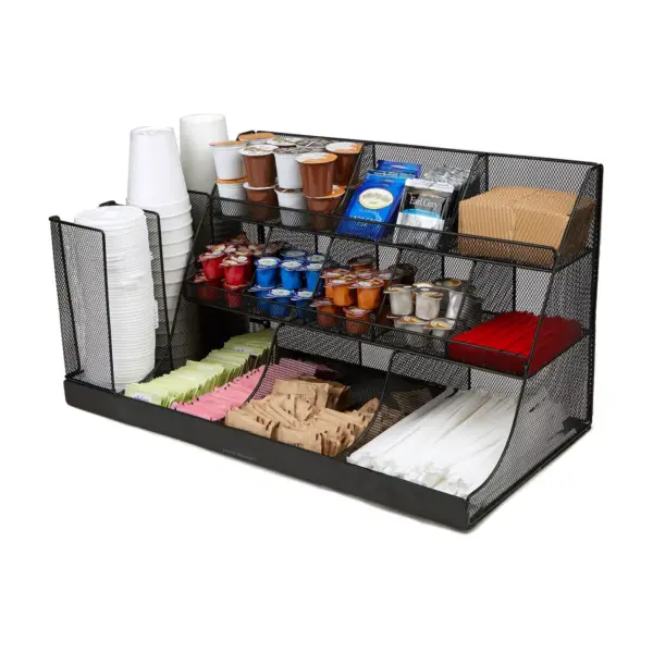 Mind Reader 14 Compartment 3 Tier Large Breakroom Condiment Organizer, Black Metal Mesh